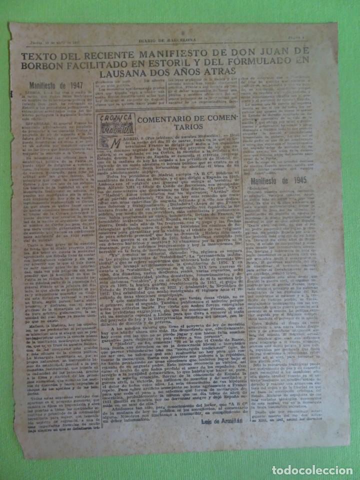 Coleccionismo de revistas y peri&oacute;dicos: RECORTE P&Aacute;GINA DEL DIARIO DE BARCELONA, 10 DE ABRIL 1947 ,ORIGINAL , JUAN DE BORB&Oacute;N,VER FOTOS