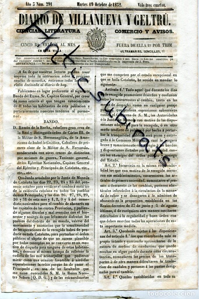Collection Magazines and Newspapers: DIARIO DE VILLANUEVA VILANOVA GELTRU A&Ntilde;O 1852 BANDO CANVIO DE MONEDA CALDERILLA EN CATALU&Ntilde;A