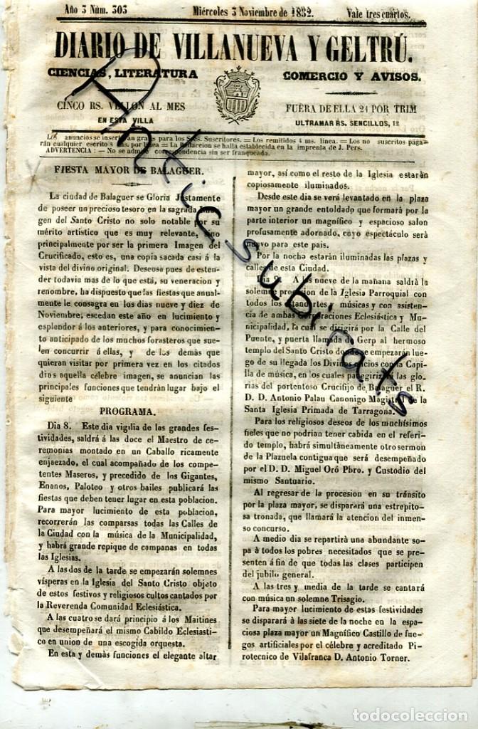 Coleccionismo de revistas y peri&oacute;dicos: DIARIO DE VILLANUEVA VILANOVA GELTRU A&Ntilde;O 1852 FIESTA MAYOR DE BALAGUER
