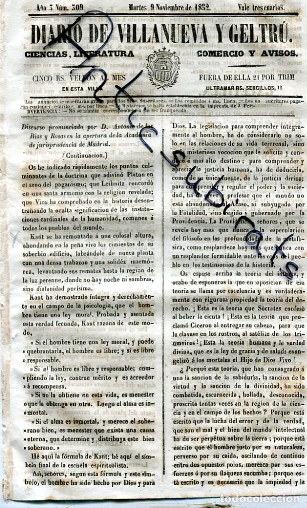 Coleccionismo de Revistas y Peri&oacute;dicos: DIARIO DE VILLANUEVA VILANOVA GELTRU A&Ntilde;O 1852 KANT CARRETERA MONTBLANCH AGRAMUNT TARREGA