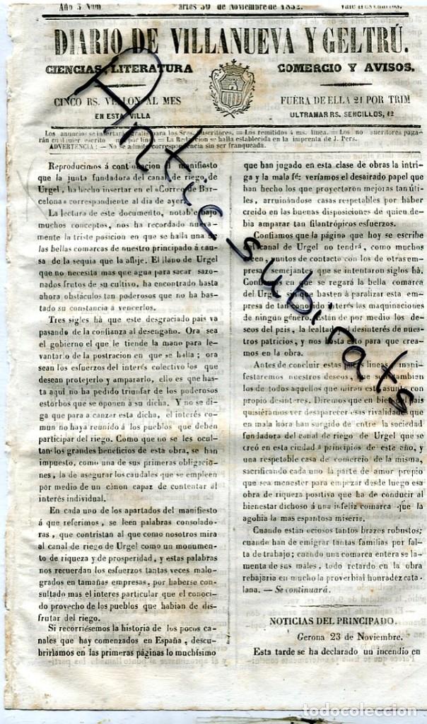 Coleccionismo de Revistas y Peri&oacute;dicos: DIARIO DE VILLANUEVA VILANOVA GELTRU A&Ntilde;O 1852 CANAL DE URGELL URGEL