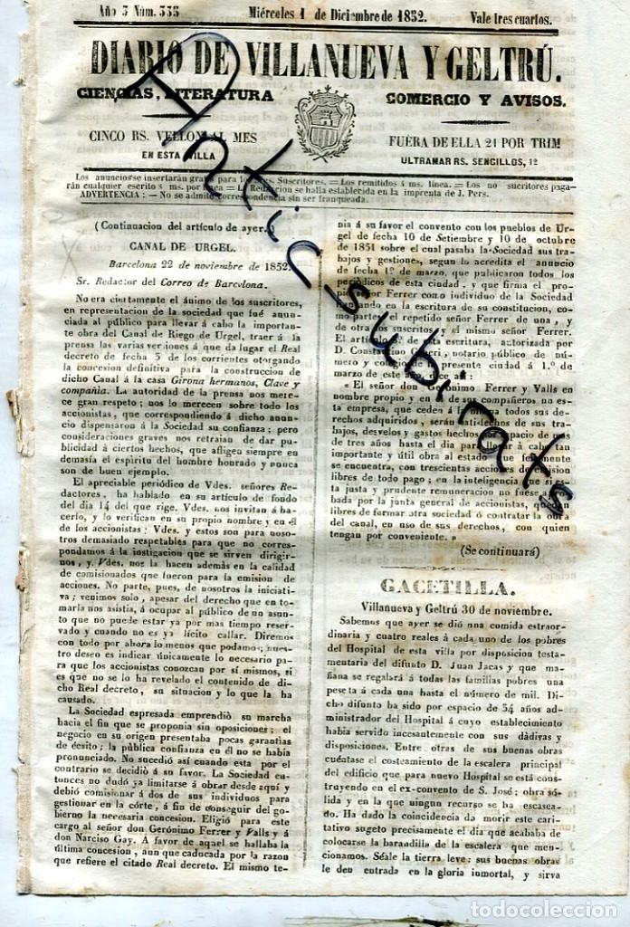 Coleccionismo de Revistas y Peri&oacute;dicos: DIARIO DE VILLANUEVA VILANOVA GELTRU A&Ntilde;O 1852 CANAL DE URGELL URGEL GERONIMO FERRER VALLS