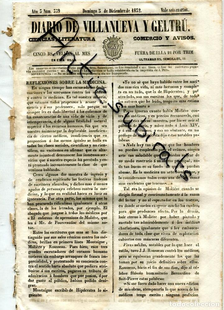 Coleccionismo de Revistas y Peri&oacute;dicos: DIARIO DE VILLANUEVA VILANOVA GELTRU A&Ntilde;O 1852 MOLIERE ROSEAU VOLTAIRE ROSALIA SERRA MIRO