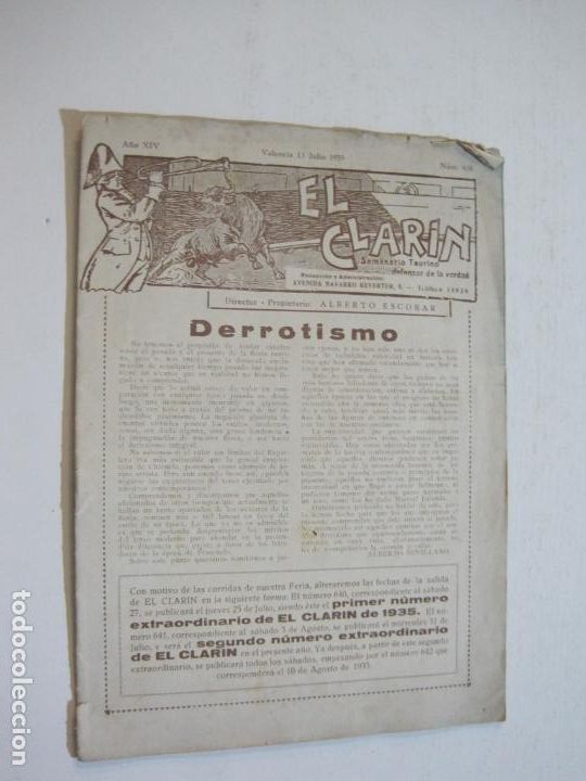 Collection Magazines and Newspapers: VALENCIA-EL CLARIN-JULIO 1935-REVISTA TAURINA-N&ordm; 638-VER FOTOS(V-22.105)
