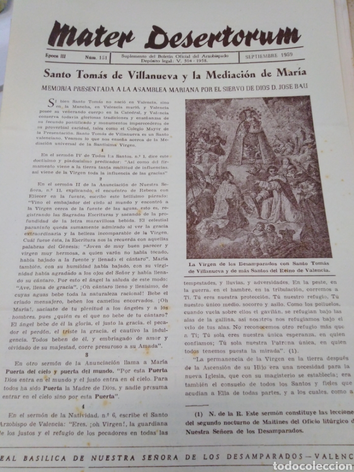 Collectionnisme de Revues et Journaux: MATER DESERTORUM-SANTO TOM&Aacute;S DE VILLANUEVA Y LA MEDIACI&Oacute;N DE MARIA,III EPOCA,N 151,1959