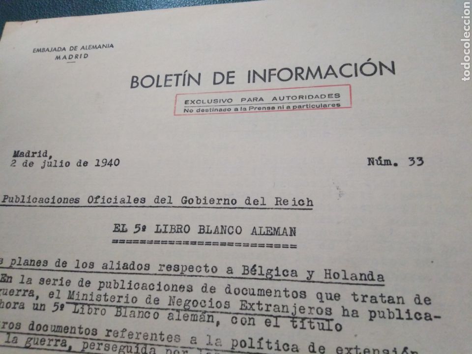 Collezionismo di Riviste e Giornali: DOCUMENTOS-BOLET&Iacute;N DE INFORMACI&Oacute;N, EMBAJADA DE ALEMANIA EN ESPA&Ntilde;A-N&deg;33 2/7/1940-ORIGINAL