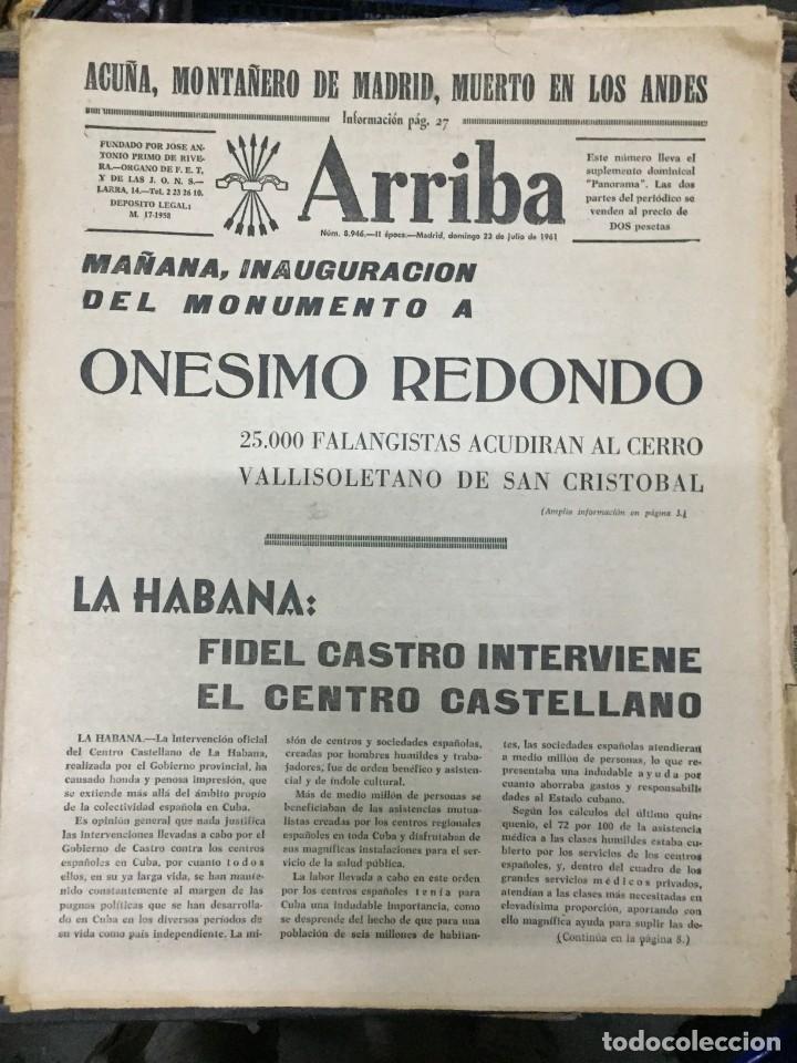 Coleccionismo de revistas y peri&oacute;dicos: ARRIBA(23-7-61) MONUMENTO ONESIMO REDONDO NAVACERRADA ESQUI