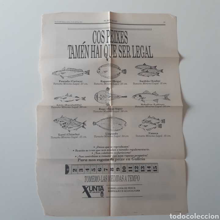 Coleccionismo de Revistas y Peri&oacute;dicos: Hoja La Voz de Galicia 1992. Anuncio Xunta de Galicia. Cos peixes tam&eacute;n hai que ser legal. / Pesca