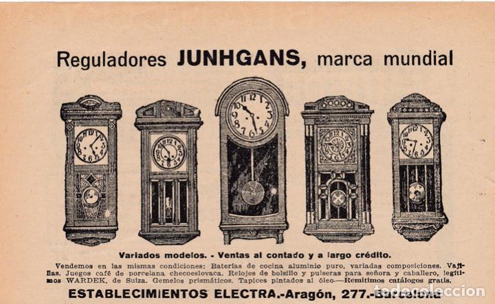 Coleccionismo de Revistas y Peri&oacute;dicos: Publicidad relojes reguladores JUNHGANS de Establecimientos Electra - 1923