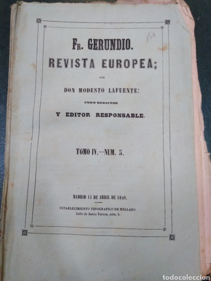 Coleccionismo de Revistas y Peri&oacute;dicos: FR.GERUNDIO-REVISTA EUROPEA-DON MODESTO LAFUENTE,TOMO IV-N&deg;5,15 ABRIL 1849,EN RAMA