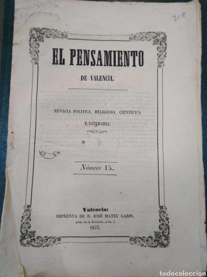 Coleccionismo de Revistas y Peri&oacute;dicos: EL PENSAMIENTO DE VALENCIA-N&deg;15-1857,REVISTA POL&Iacute;TICA,RELIGIOSA,CIENT&Iacute;FICA Y LITERARIA,APARISI Y GUI