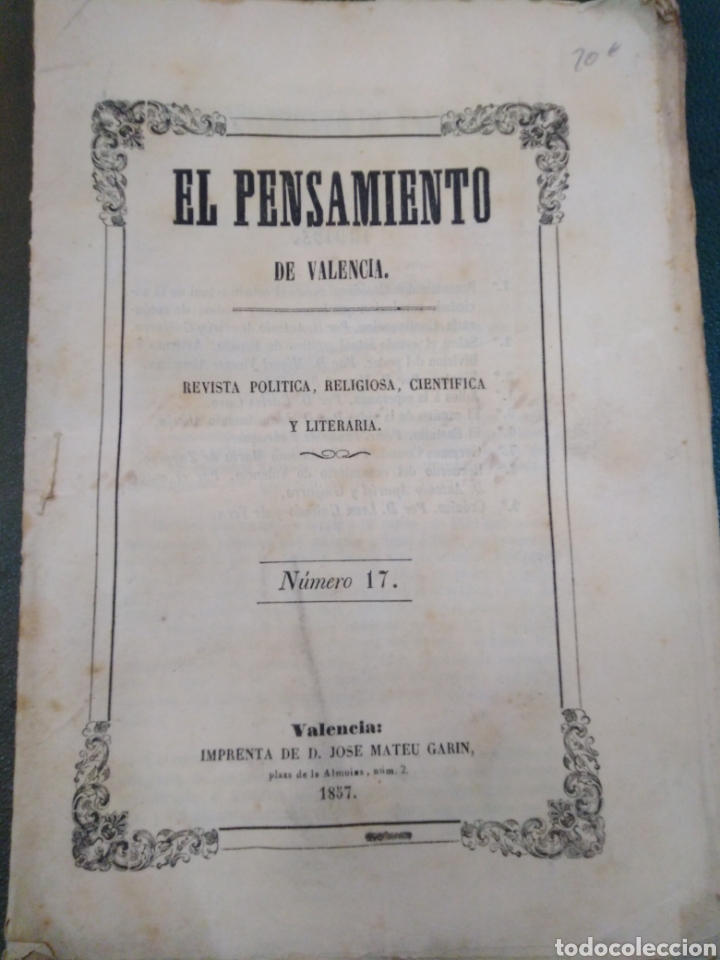 Coleccionismo de Revistas y Peri&oacute;dicos: EL PENSAMIENTO DE VALENCIA-N&deg;17-1857,REVISTA POL&Iacute;TICA,RELIGIOSA,CIENT&Iacute;FICA Y LITERARIA,EN RAMA