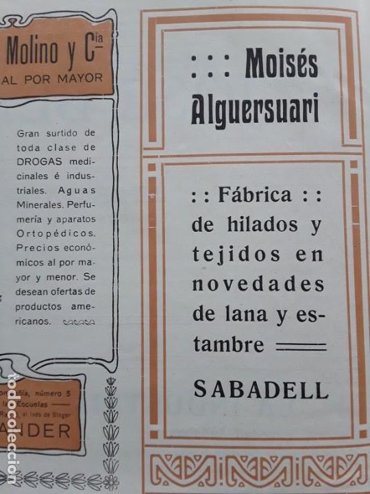 Coleccionismo de revistas y peri&oacute;dicos: FABRICA DE HILADOS Y TEJIDOS EN NOVEDADES LANA Y ESTAMBRE MOISES ALGUERSUARI SABADELL HOJA A&Ntilde;O 1906