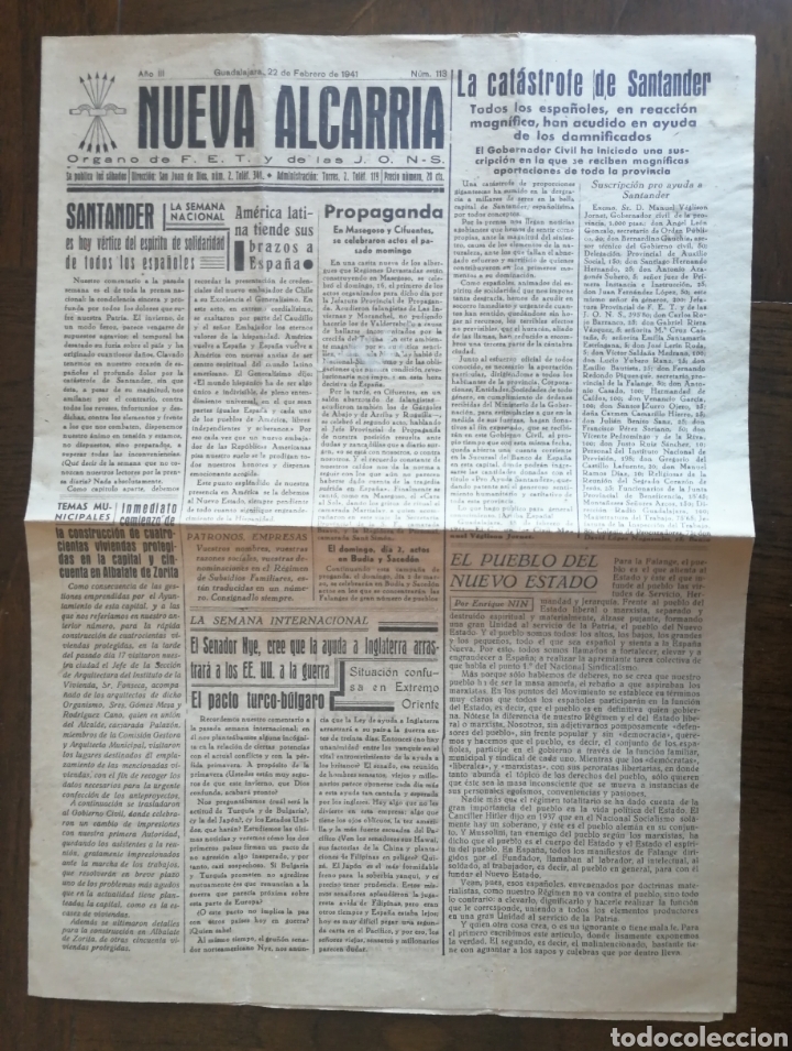 Coleccionismo de Revistas y Peri&oacute;dicos: NUEVA ALCARRIA. PERIODICO DE FALANGE 1941. EL ENVIO ESTA INCLUIDO.