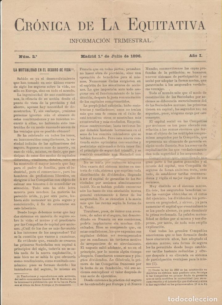 Collezionismo di Riviste e Giornali: Cr&oacute;nica de la Equitativa (Compa&ntilde;&iacute;a de Seguros) Informaci&oacute;n Trimestral. Madrid 1&ordm; de Julio de 1896