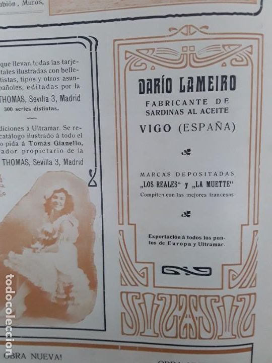 Colecionismo de Revistas e Jornais: FABRICANTE DE SARDINAS AL ACEITE DARIO LAMEIRO VIGO MARCAS LOS REALES Y LA MUETTE HOJA A&Ntilde;O 1906
