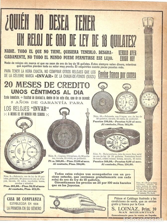 Coleccionismo de Revistas y Peri&oacute;dicos: 1914 HOJA REVISTA PUBLICIDAD ANUNCIO RELOJES ORO DE BOLSILLO Y PULSERA MARCA INVAR COMPRA A CR&Eacute;DITO