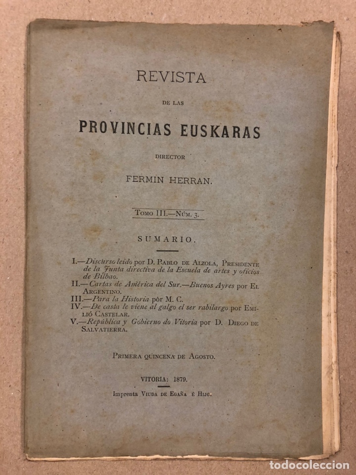 Coleccionismo de Revistas y Peri&oacute;dicos: REVISTA DE LAS PROVINCIAS EUSKARAS TOMO III N&deg; 3 (1879). DIRIGE: FERM&Iacute;N HERR&Aacute;N. PABLO DE ALZOLA