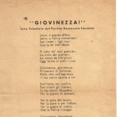 Coleccionismo de Revistas y Periódicos: 1925 CA. ”GIOVINEZZA!” INNO TRIONFALE DEL PARTITO NAZIONALE FASCISTA. Lote 225235235