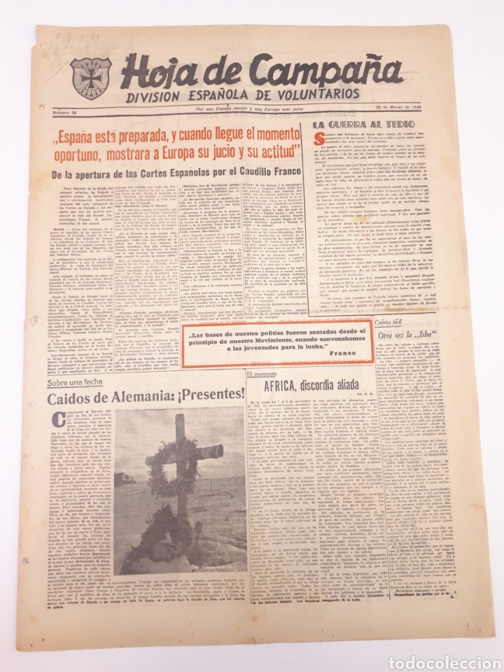 Coleccionismo de Revistas y Peri&oacute;dicos: Hoja de Campa&ntilde;a 62 Divisi&oacute;n Azul