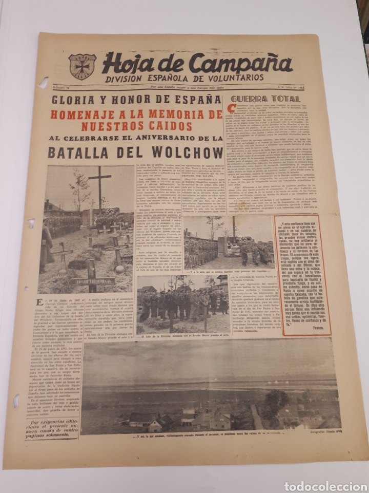 Coleccionismo de Revistas y Peri&oacute;dicos: Hoja de Campa&ntilde;a 74 Divisi&oacute;n Azul