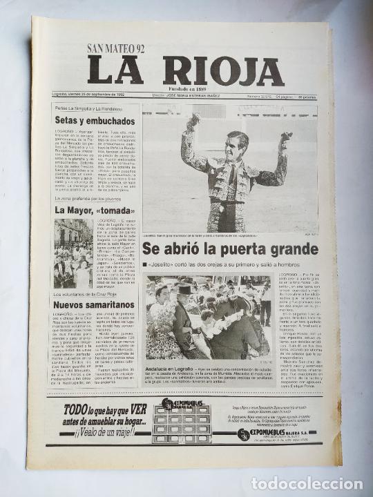 Coleccionismo de Revistas y Peri&oacute;dicos: DIARIO LA RIOJA. VIERNES 25 DE SEPTIEMBRE 1992. JOSELITO PUERTA GRANDE TOROS SAN MATEO TDK309B
