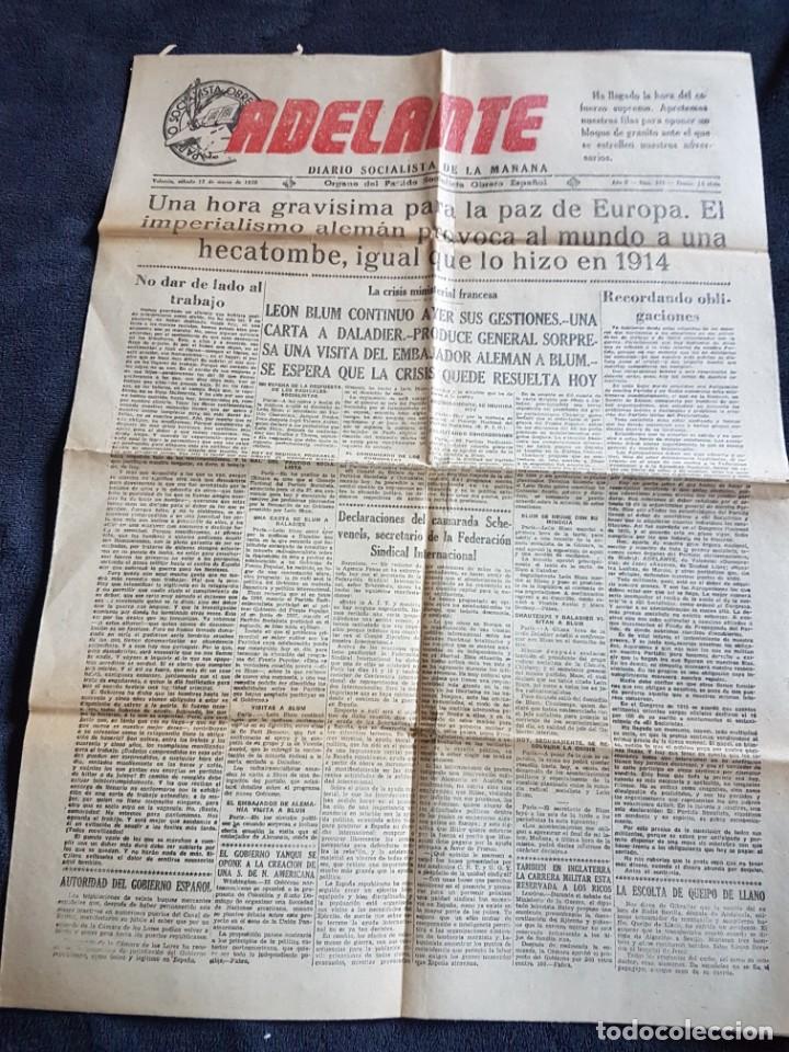 Coleccionismo de revistas y peri&oacute;dicos: Periodico adelante partido socialista 12 marzo 1938 guerra civil