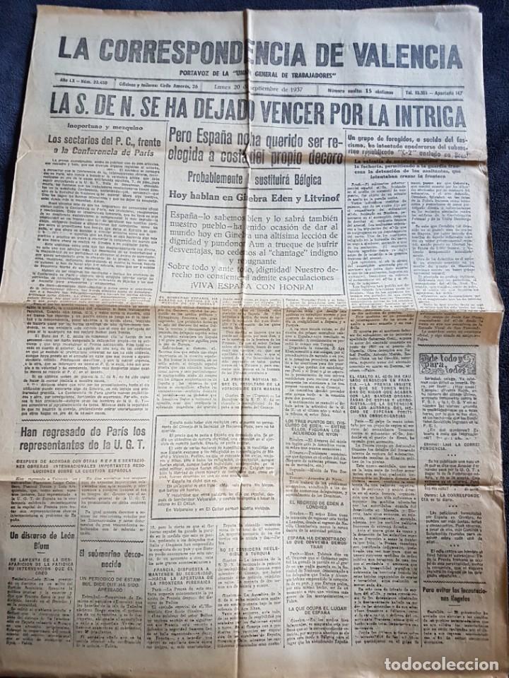 Coleccionismo de revistas y peri&oacute;dicos: Periodico la correspondencia de Valencia UGT 20 septiembre 1937 guerra civil