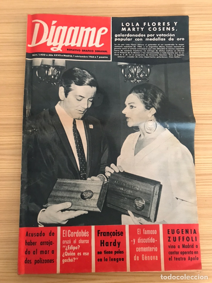 Coleccionismo de revistas y peri&oacute;dicos: DIGAME Revista No.1400, Rotativo Grafico Semanal, LOLA FLORES Y MARTY COSENS, galardonados (a.1966)