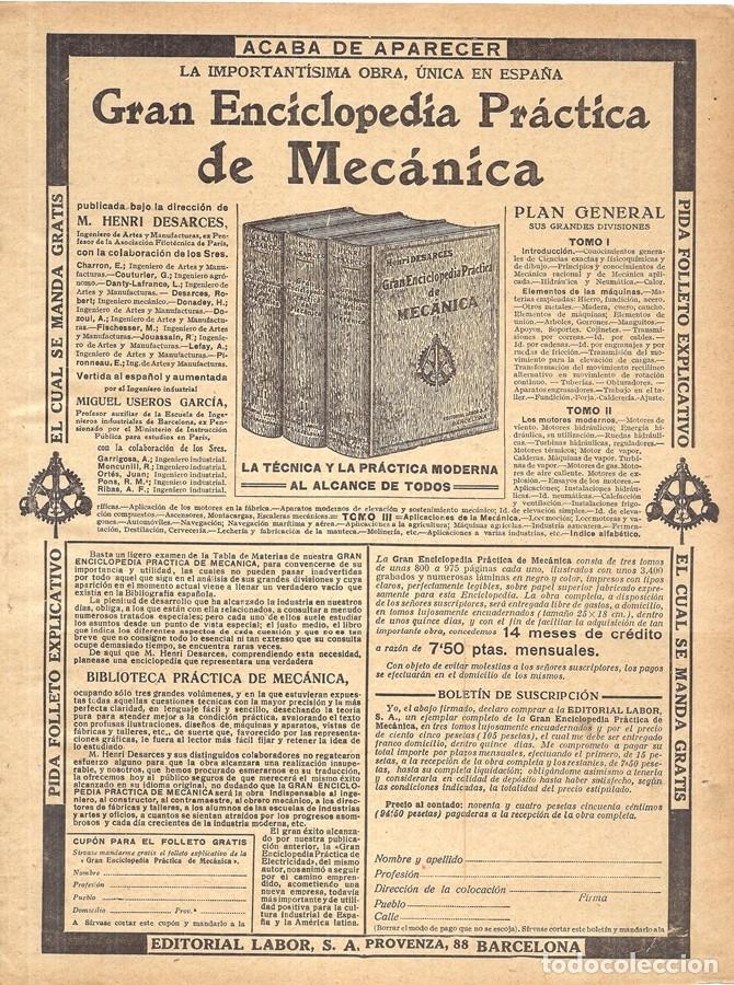 Coleccionismo de revistas y peri&oacute;dicos: 1923 HOJA REVISTA PUBLICIDAD ANUNCIO DE PRENSA ENCICLOPEDIA PR&Aacute;CTICA DE MEC&Aacute;NICA EDITORIAL LABOR
