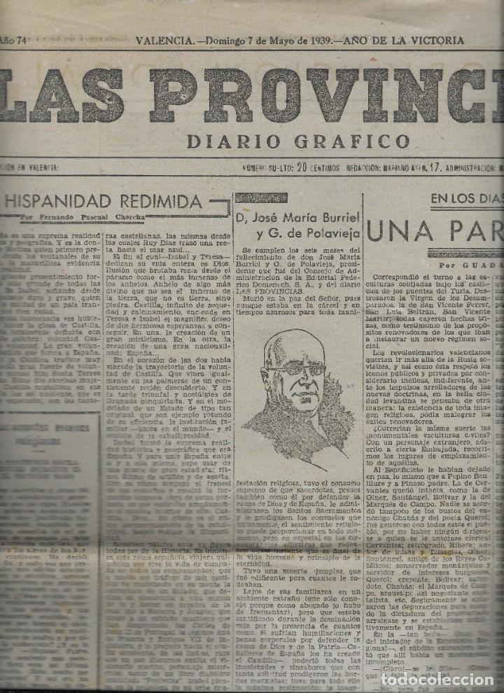 Coleccionismo de revistas y peri&oacute;dicos: PERIODICO LAS PROVINCIAS DE 1939, N&ordm; 30.474