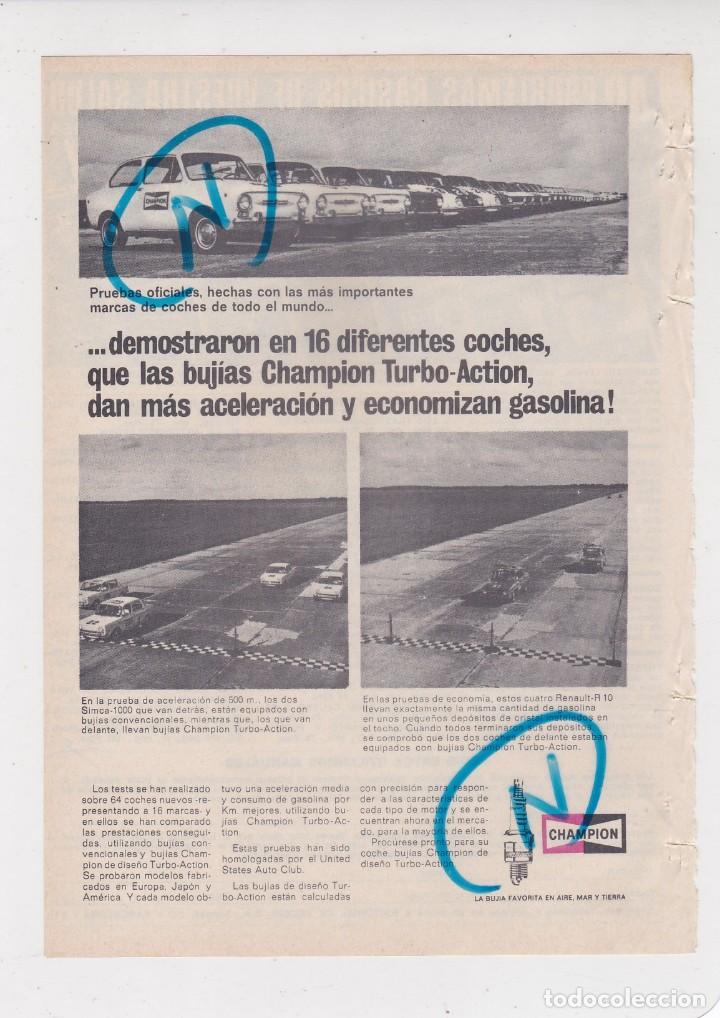 Coleccionismo de revistas y peri&oacute;dicos: PUBLICIDAD T 1969. ANUNCIO BUJIAS CHAMPION. COCHES SEAT 850 Y SIMCA 1000