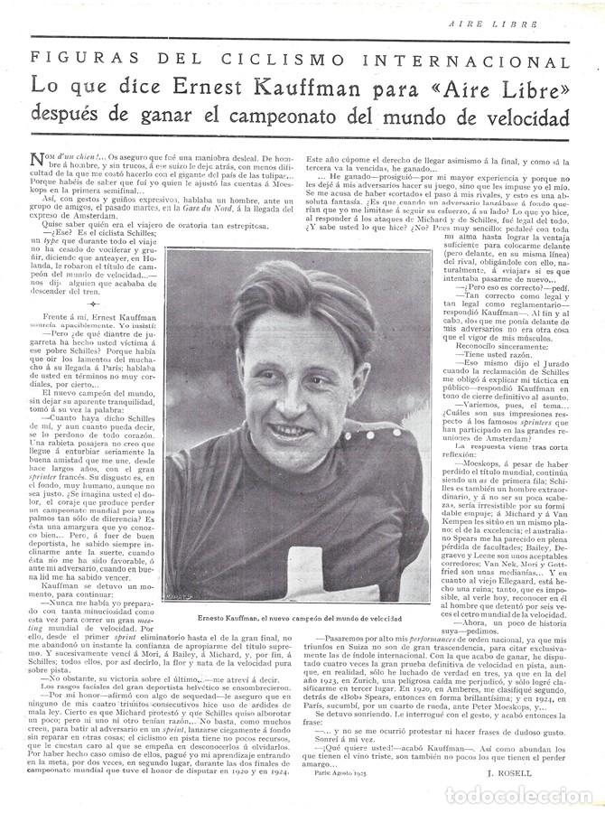 Coleccionismo de Revistas y Peri&oacute;dicos: 1925 HOJA REVISTA DEPORTE CICLISMO ERNEST KAUFFMAN NUEVO CAMPE&Oacute;N DEL MUNDO DE VELOCIDAD
