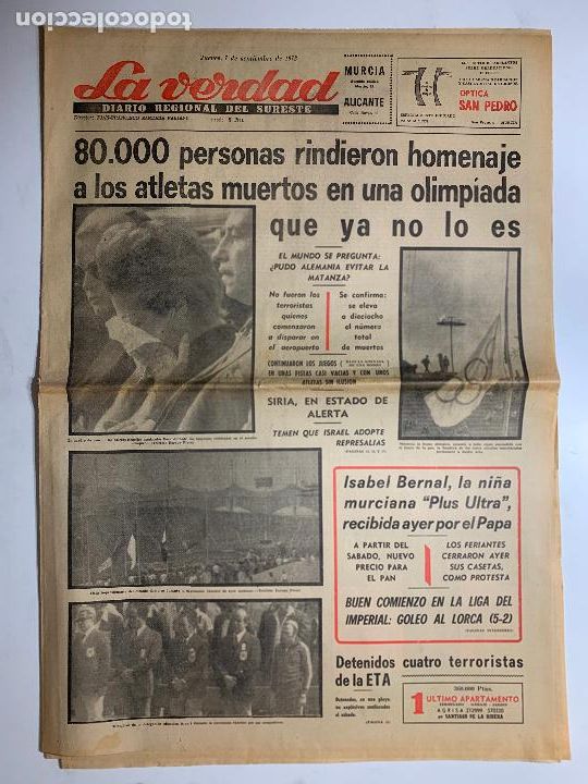 Colecionismo de Revistas e Jornais: ANTIGUO PERIODICO DE LA VERDAD, ALICANTE MURCIA, 7 SEPTIEMBRE 1972