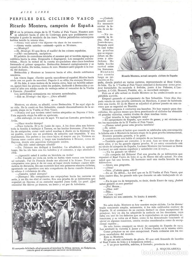 Coleccionismo de revistas y peri&oacute;dicos: 1925 HOJA REVISTA CICLISMO VASCO GUIP&Uacute;ZCOA RICARDO MONTERO CICLISTA CAMPE&Oacute;N DE ESPA&Ntilde;A