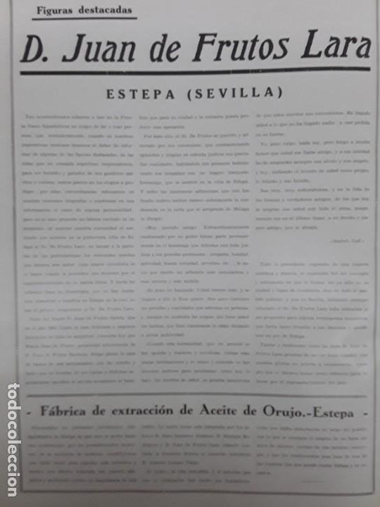Collezionismo di Riviste e Giornali: JUAN DE FRUTOS LARA ESTEPA SEVILLA BANCA FABRICA EXTRACCION ACEITE ORUJO HOJA A&Ntilde;O 1930