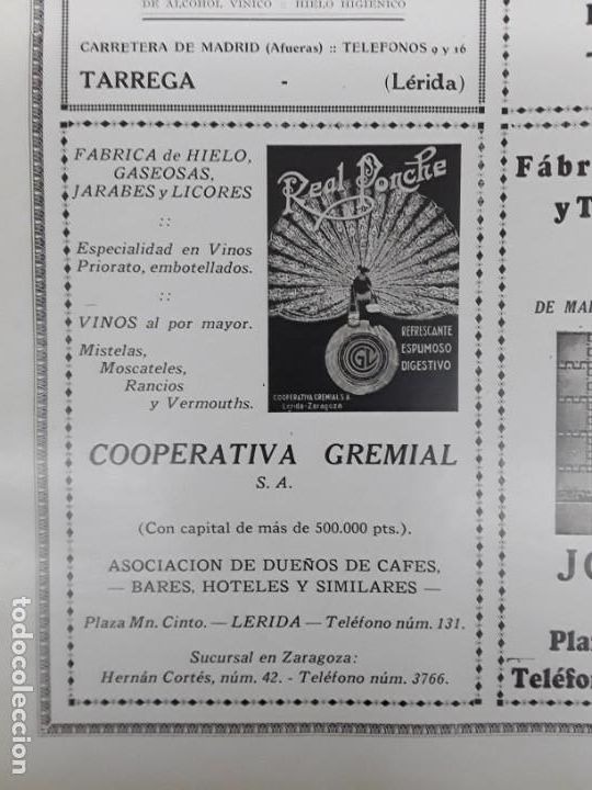 Collection Magazines and Newspapers: FABRICA HIELO GASEOSAS JARABES LICORES LA COOPERATIVA GREMIAL LERIDA REAL PONCHE VINOS PRIORATO 1930