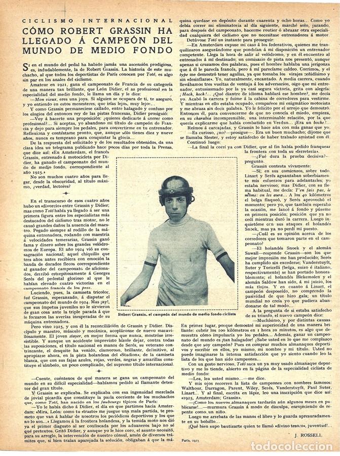 Coleccionismo de Revistas y Peri&oacute;dicos: 1925 HOJA REVISTA DEPORTES CICLISMO ROBERT GRASSIN CAMPE&Oacute;N DEL MUNDO DE MEDIO FONDO