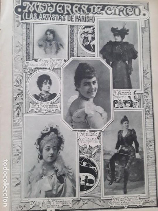 Coleccionismo de Revistas y Peri&oacute;dicos: LAS ARTISTAS DE PARISH CIRCO TRAPECIO PATINADORA PERROS AMAESTRADOS VELOCIPEDISTA HOJA A&Ntilde;O 1896