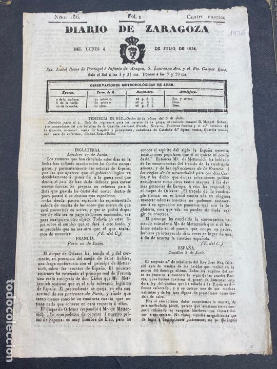 Coleccionismo de Revistas y Peri&oacute;dicos: 1836. DIARIO DE ZARAGOZA N&Uacute;MERO 186. CARLISMO, PERFECTO ESTADO.