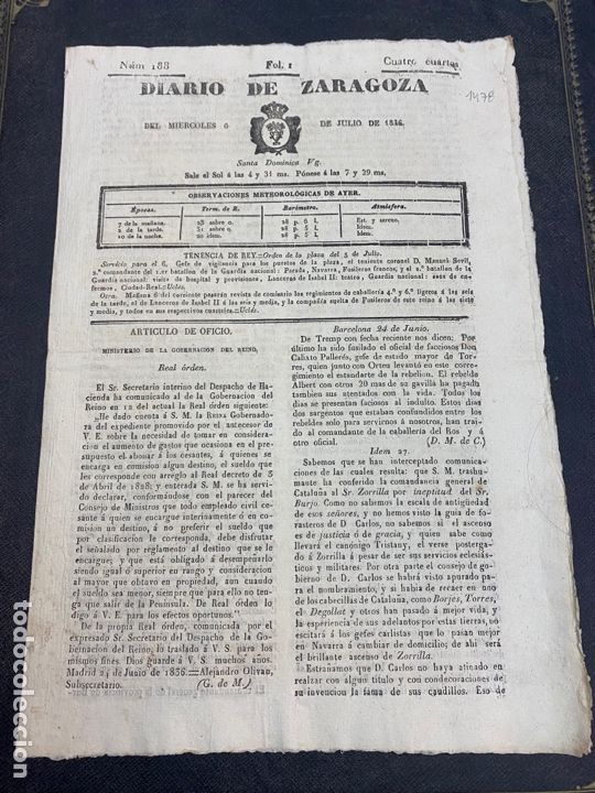 Coleccionismo de Revistas y Peri&oacute;dicos: 1836. DIARIO DE ZARAGOZA N&Uacute;MERO 188. CARLISMO, PERFECTO ESTADO.