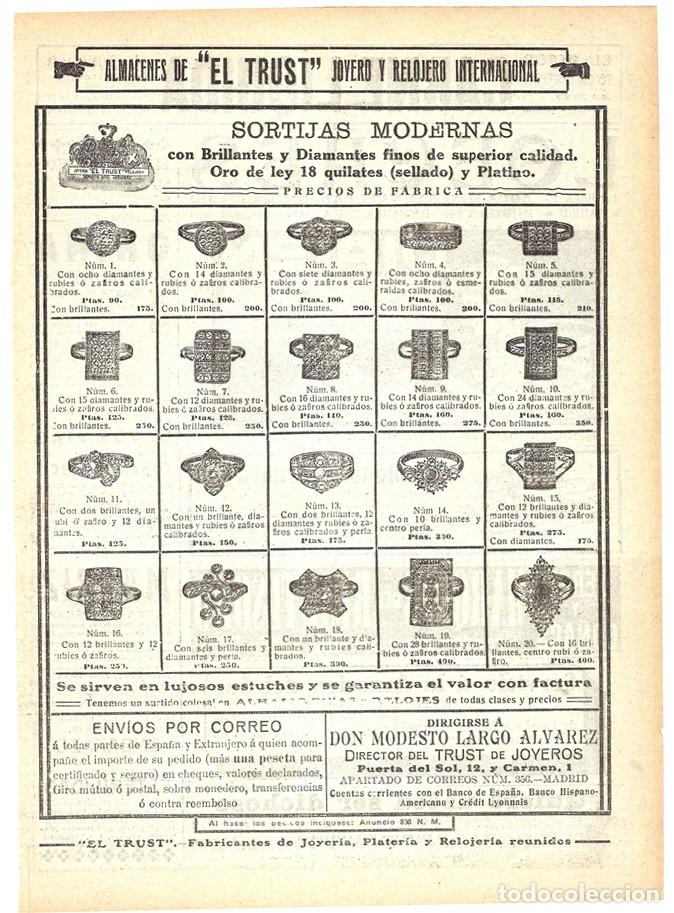 Coleccionismo de Revistas y Peri&oacute;dicos: 1913 HOJA REVISTA PUBLICIDAD 'EL TRUST' JOYER&Iacute;A Y RELOJER&Iacute;A SORTIJAS MODERNAS DE ORO Y BRILLANTES