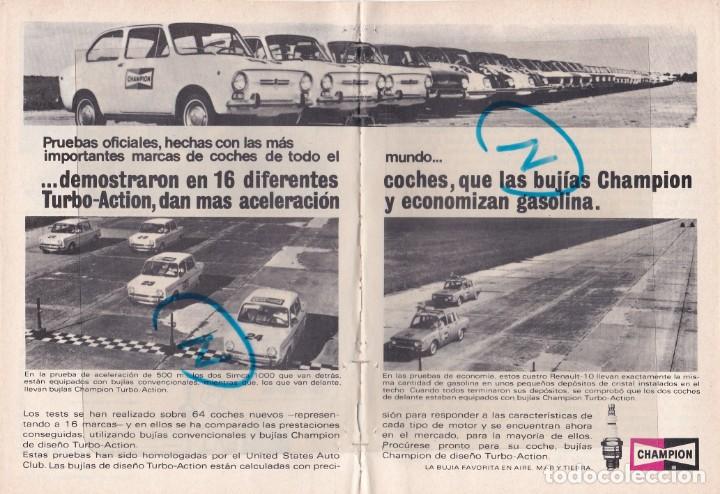 Coleccionismo de revistas y peri&oacute;dicos: PUBLICIDAD T 1969. ANUNCIO BUJIAS CHAMPION. COCHES SEAT 850 Y SIMCA 1000 (2 HOJAS)