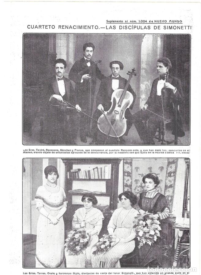 Coleccionismo de Revistas y Peri&oacute;dicos: 1913 HOJA REVISTA CUARTETO DE CUERDA 'RENACIMIENTO' M&Uacute;SICOS TOLDR&Aacute;, RECASENS, S&Aacute;NCHEZ Y PLANAS