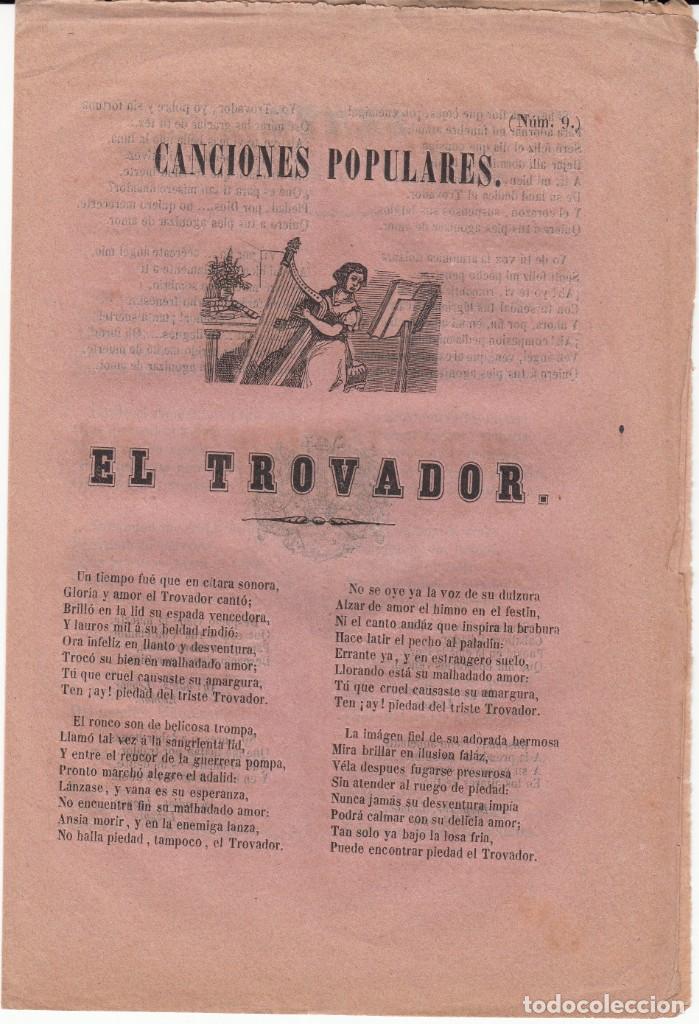 Coleccionismo de revistas y peri&oacute;dicos: PLIEGO DE CORDEL CANCIONES POPULARES - EL TROVADOR - IMP. REGENERACION TIP EN VALENCIA - 1857