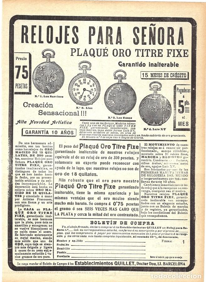 Coleccionismo de Revistas y Peri&oacute;dicos: 1913 HOJA REVISTA PUBLICIDAD ANUNCIO RELOJES DE BOLSILLO PARA SE&Ntilde;ORA PLAQU&Eacute; DE ORO TITRE FIXE