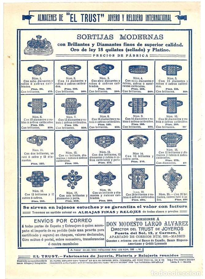 Coleccionismo de Revistas y Peri&oacute;dicos: 1913 HOJA REVISTA PUBLICIDAD ANUNCIO JOYER&Iacute;A RELOJER&Iacute;A 'EL TRUST' SORTIJAS MODERNAS ORO Y BRILLANTES