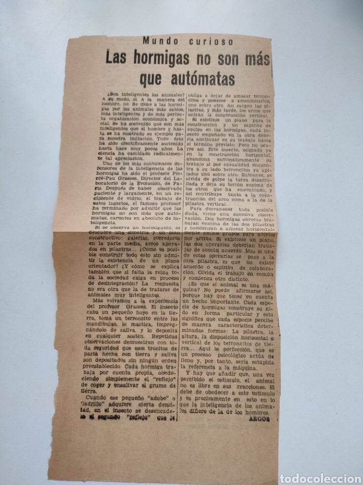 Collezionismo di Riviste e Giornali: Recorte de peri&oacute;dico. Art&iacute;culo las hormigas no son m&aacute;s que aut&oacute;matas. 1963.