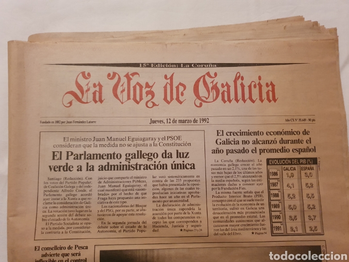 Coleccionismo de revistas y peri&oacute;dicos: La Voz de Galicia CX N 35.649. La Coru&ntilde;a, Jueves 12 de Marzo de 1992