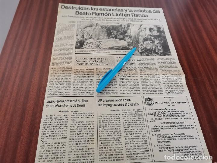 Coleccionismo de revistas y peri&oacute;dicos: DESTRUIDAS LAS ESTANCIAS Y LA ESTATUA DEL BEATO RAM&Oacute;N LLULL EN RANDA RECORTE PERI&Oacute;DICO 1988
